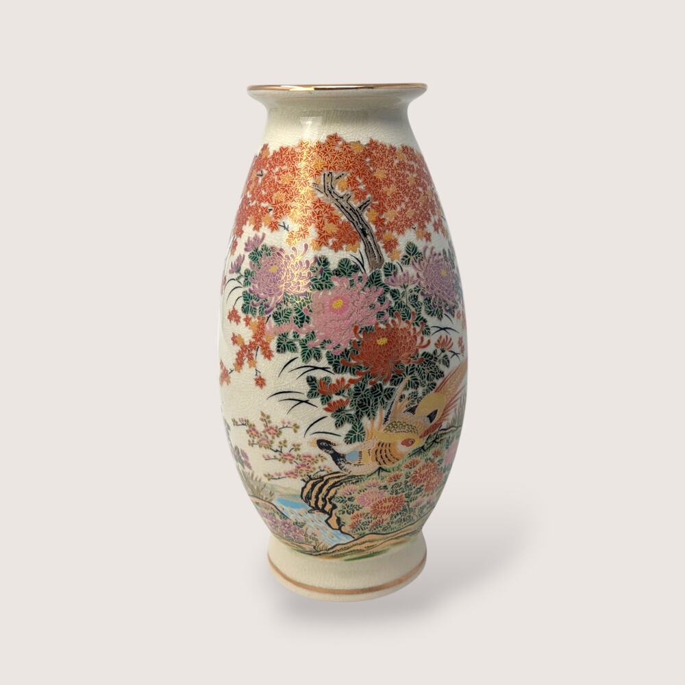 Vintage Japanese Satsuma Pheasant Floral Porcelain Vase